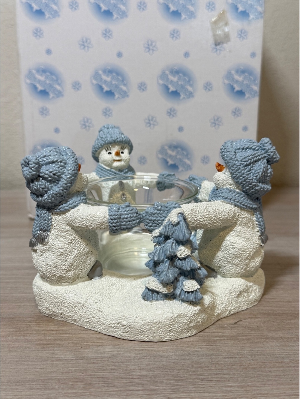Vintage Winter Snowman Trio Candle Holder with Blue Hats and Scarves